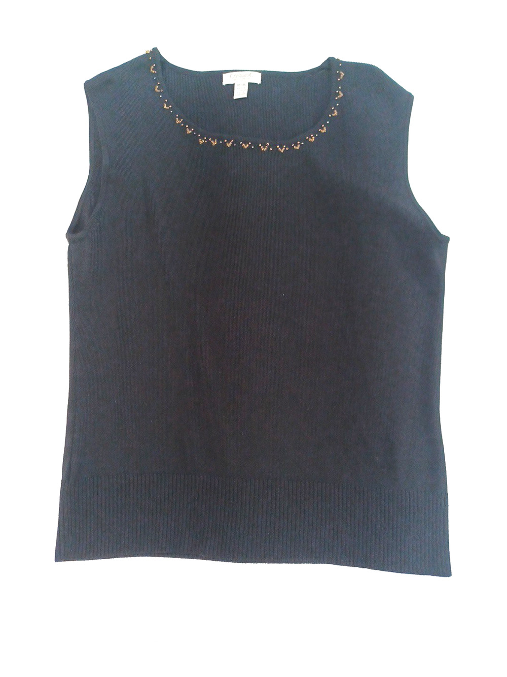 Conrad C VTG Women Black Gold Bead Edge Knit Tank Top Sz M Round Neck Elegant
